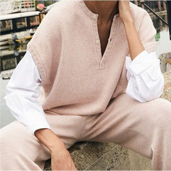 Naadam Cotton/Cashmere Blend Blush Mixed Media Henley Knit Sweater. Small. NWT - Picture 1 of 8